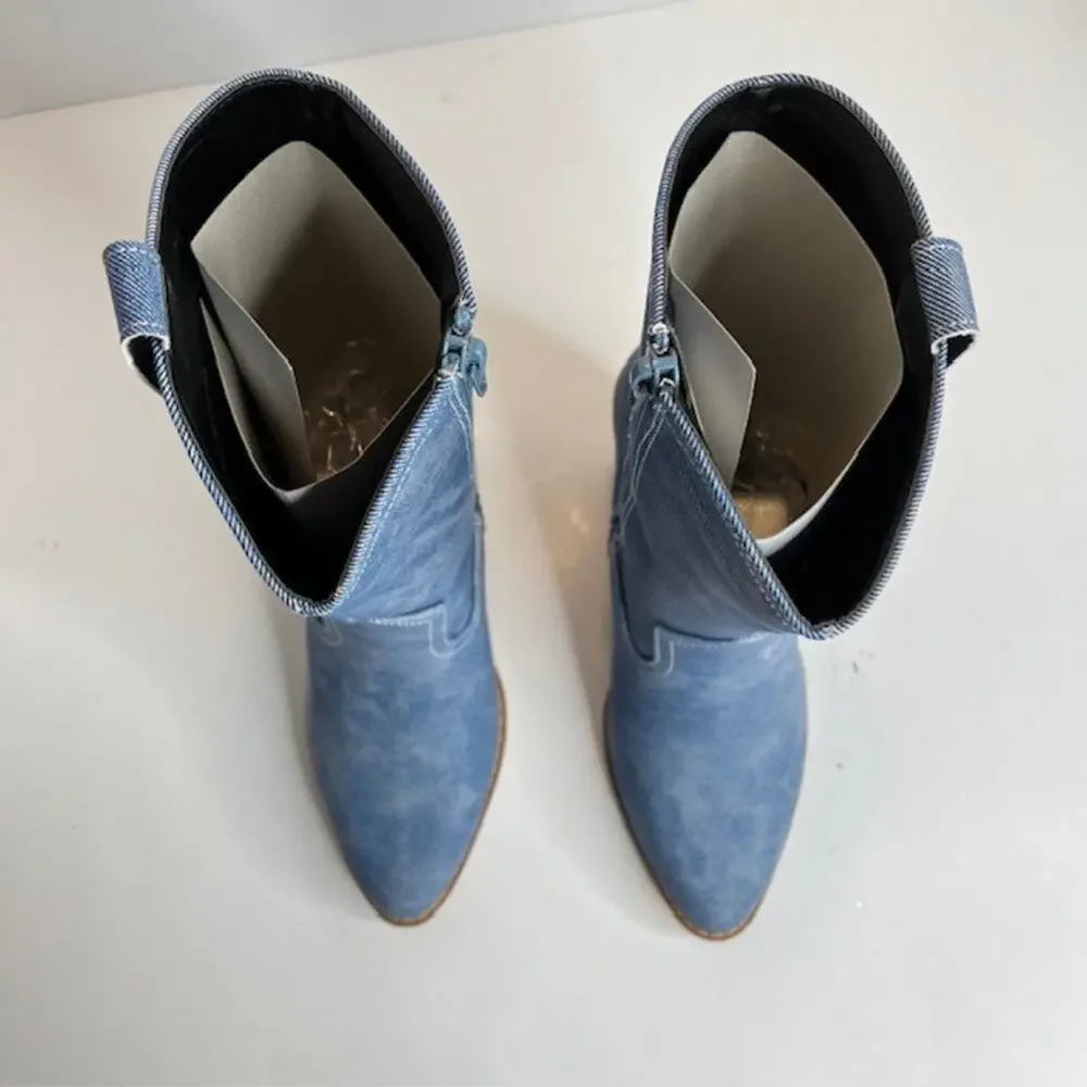 Yoki Denim Style Western Boots Blue Chambray Pointed Toe Size 6.5 New Cowboy